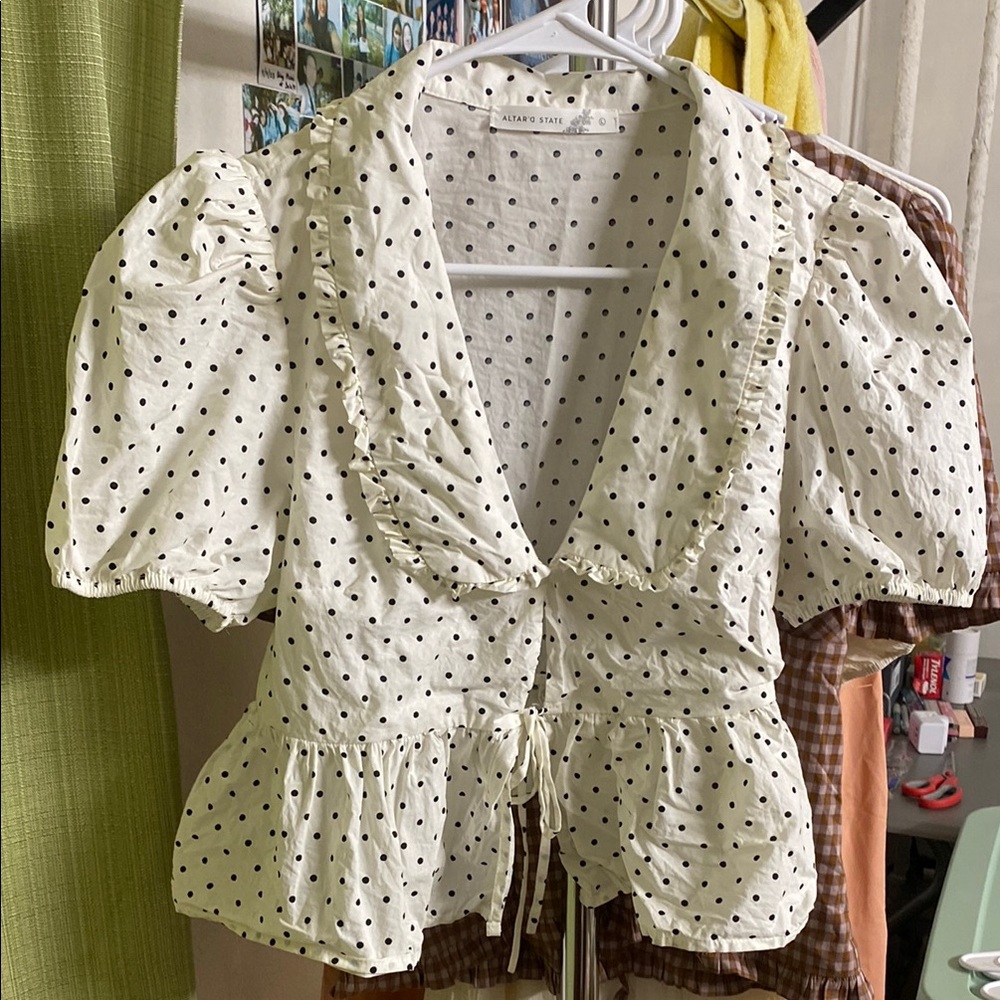 Altar'd State White Puff Sleeve Blouse with Tie Front